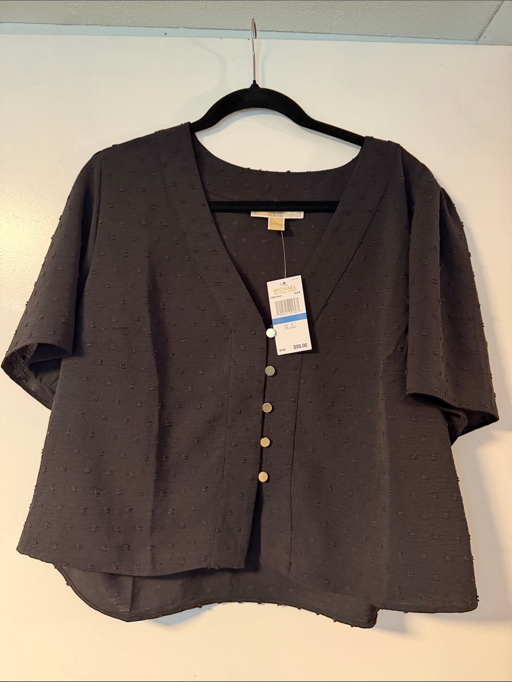 Michael Kors Black Short Sleeve Button Front Textured Blouse